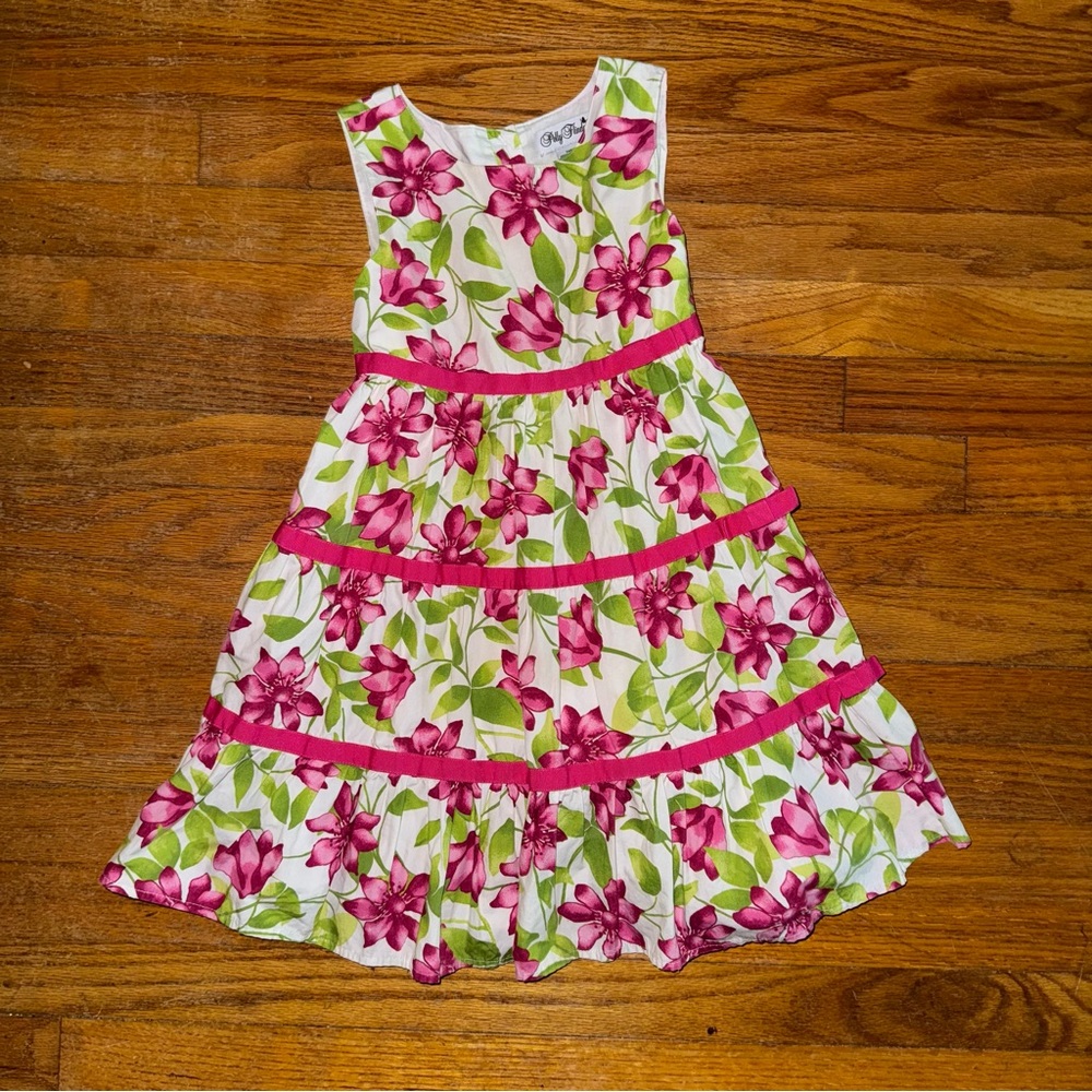 Polly Flinders 100% Cotton, Vibrant,Floral Pink and Green Sleeveless Dress